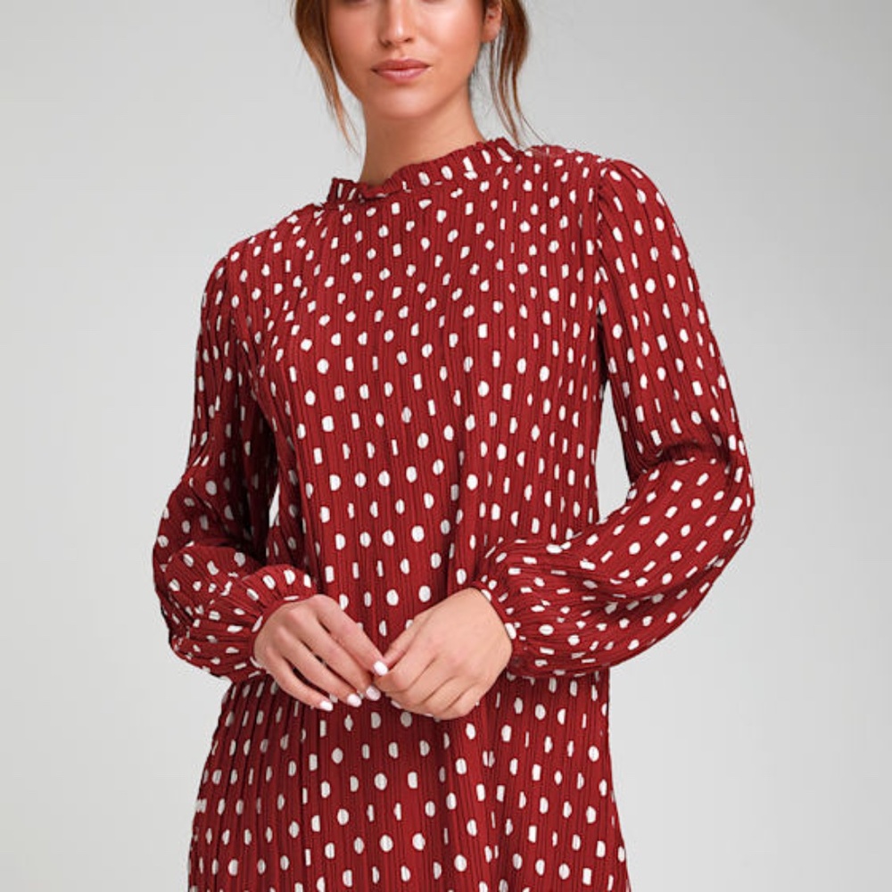 Lulus NEVER WORN  Red Polka Dot Long Sleeve Shift Dress - Size S